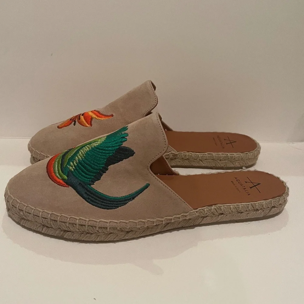 Aquatalia Blair Espadrille Bird‎ Flower Suede Embroidered Mules Slip on Shoes 7